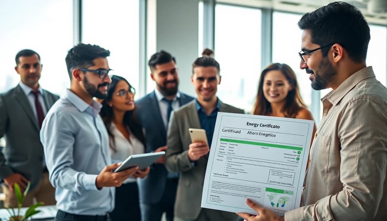 Revisión del Certificado Ahorro Energético en una oficina, con profesionales colaborando.