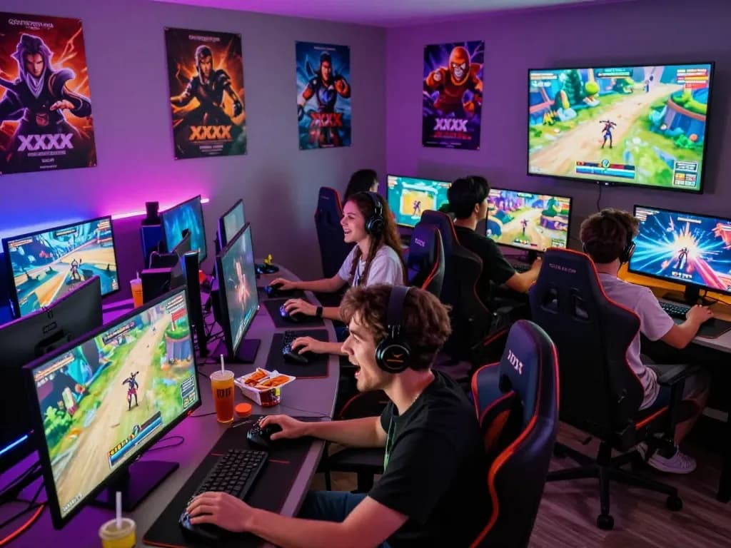 Friends enjoying immersive xxx games in a vibrant gaming lounge