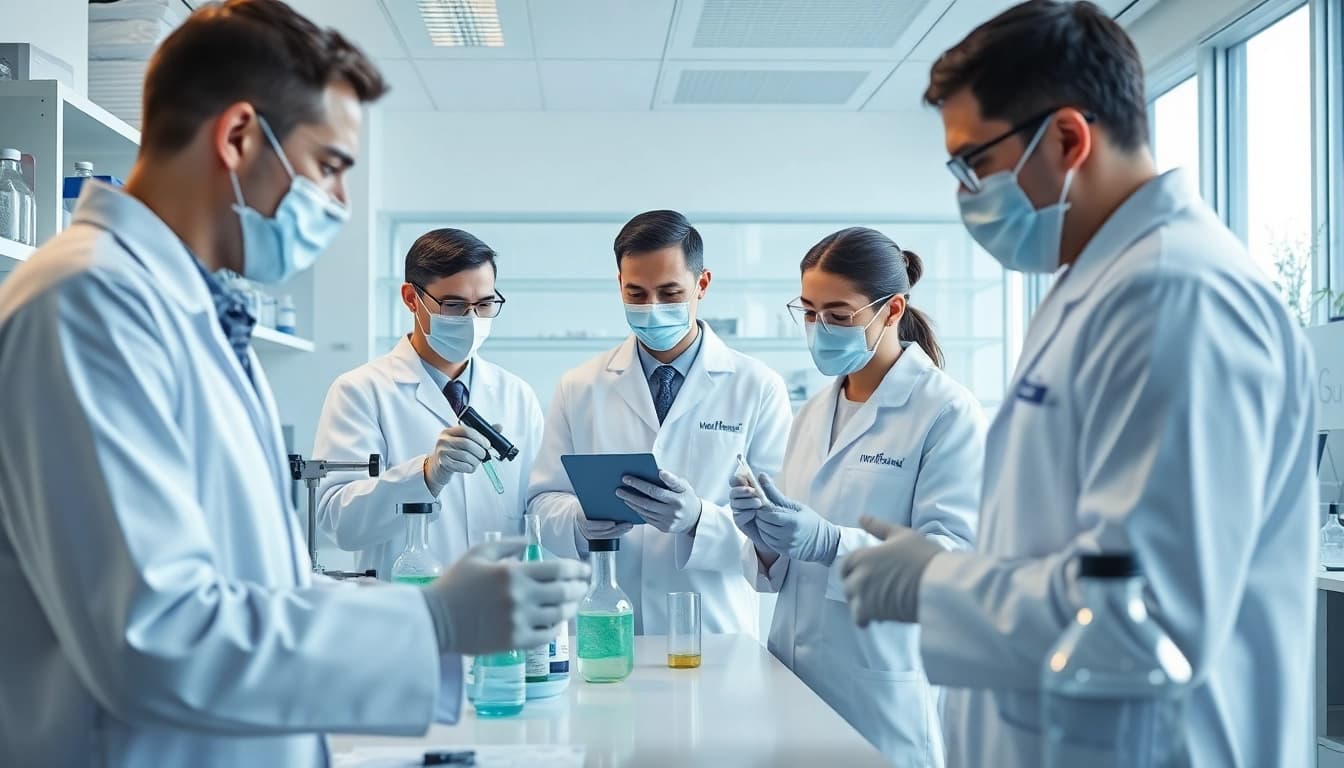 Exploring WIN55 in a modern lab setting with researchers conducting cannabinoid experiments.