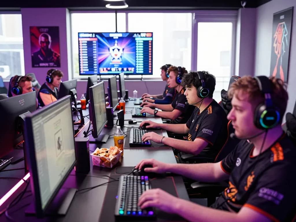 Competitive gamers engaged in a ligasedayu online tournament with vibrant setups and excitement.