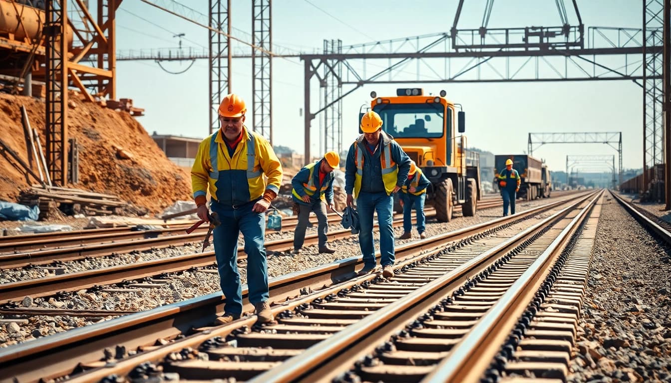 Railroad Contractors Near Me collaborating on a railway construction project, showcasing teamwork and machinery.