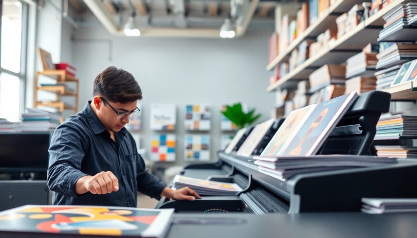 Visit a print shop Edmonton with vibrant printing services and skilled technicians at work.