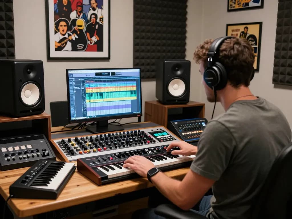 Producer engaged with the SC 88 in a vibrant music studio, showcasing sound creativity.