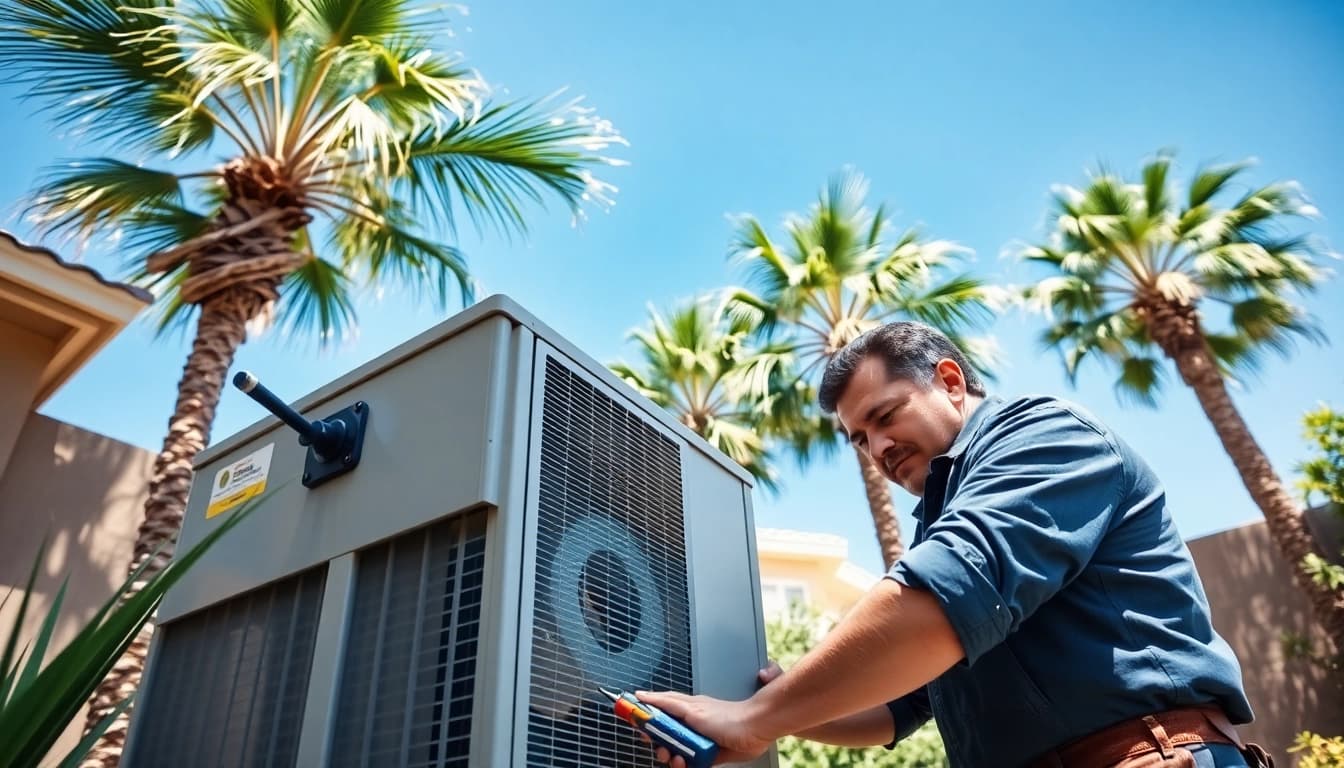 Technician servicing Scottsdale AC unit in a sunny backyard oasis.