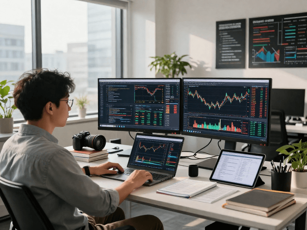 Dynamic tech workspace focusing on HK quant trading stock API analytics, featuring live market data and trading charts.