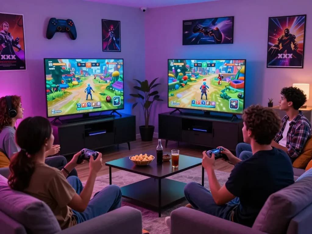 Engaged friends playing an interactive xxx game in a cozy gaming setup.