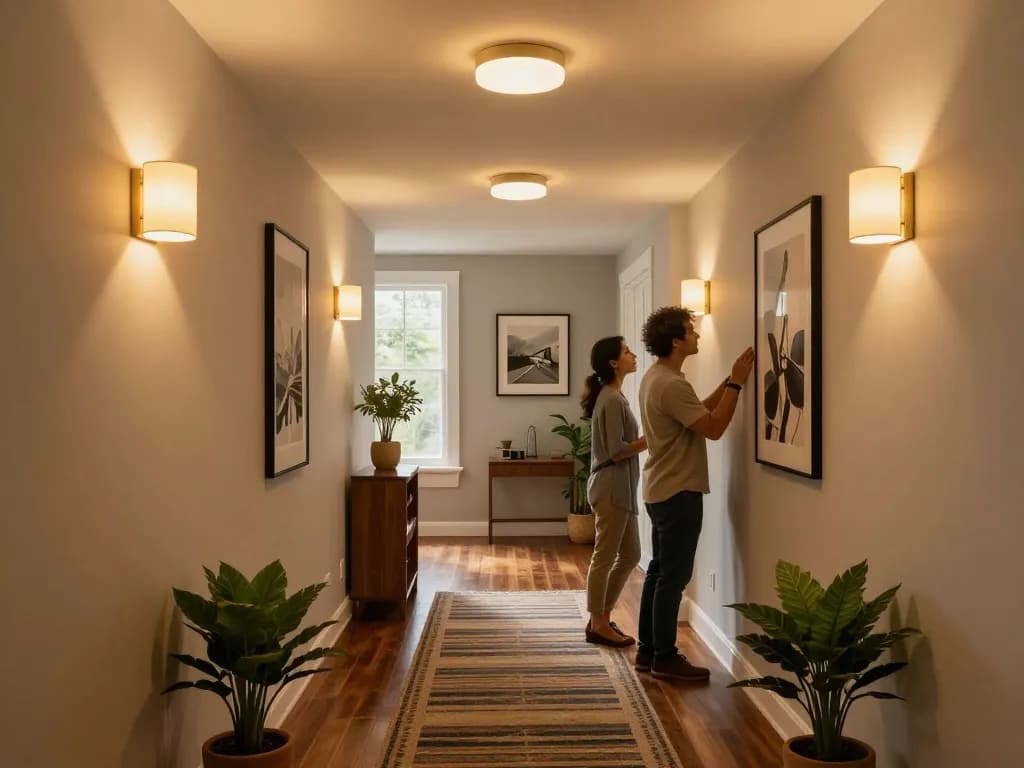 Hallway light fixtures enhance a stylish interior scene in a contemporary home.