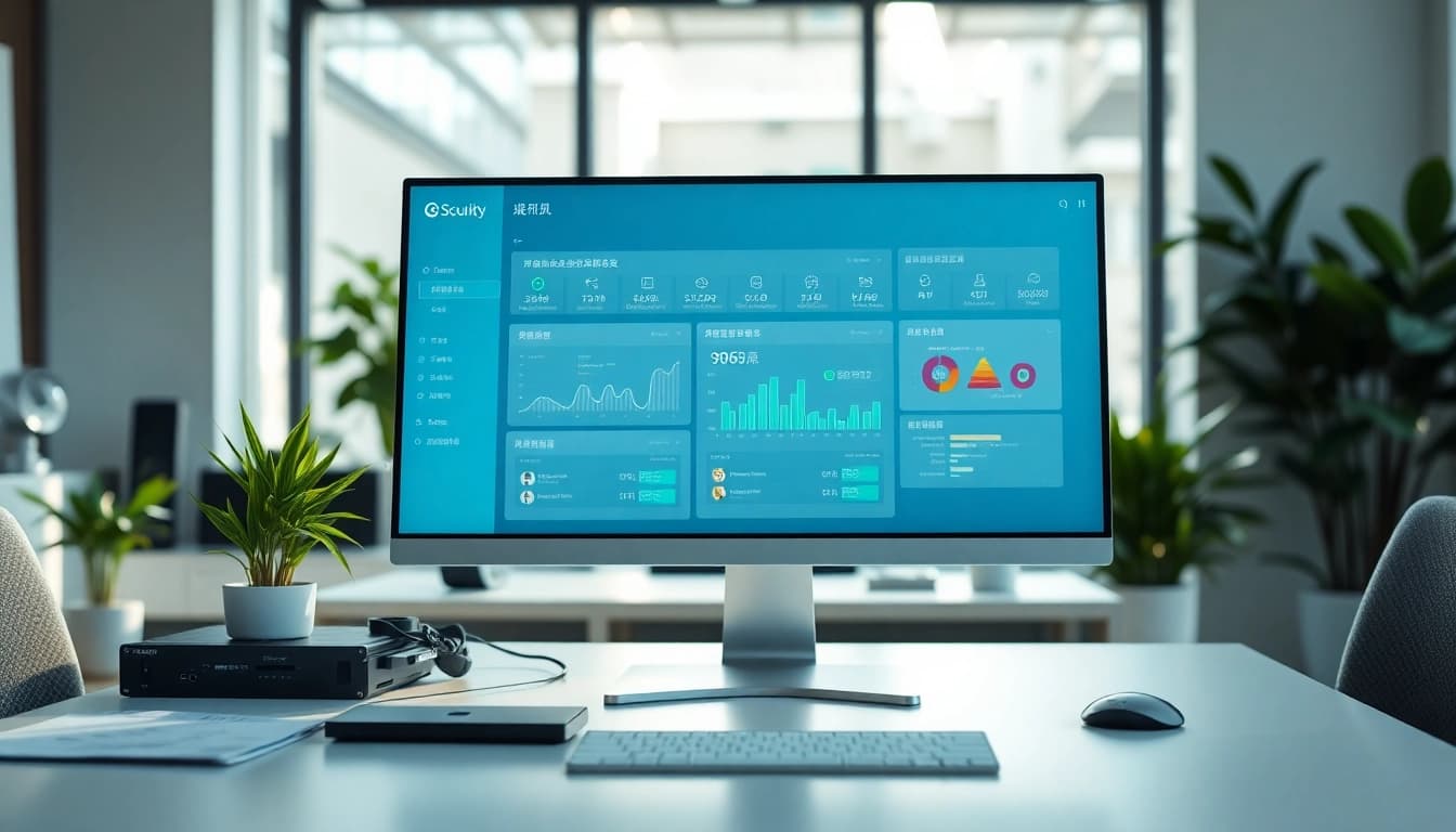 Unveiling 火绒软件's advanced security features on a high-tech screen in a professional office setting.