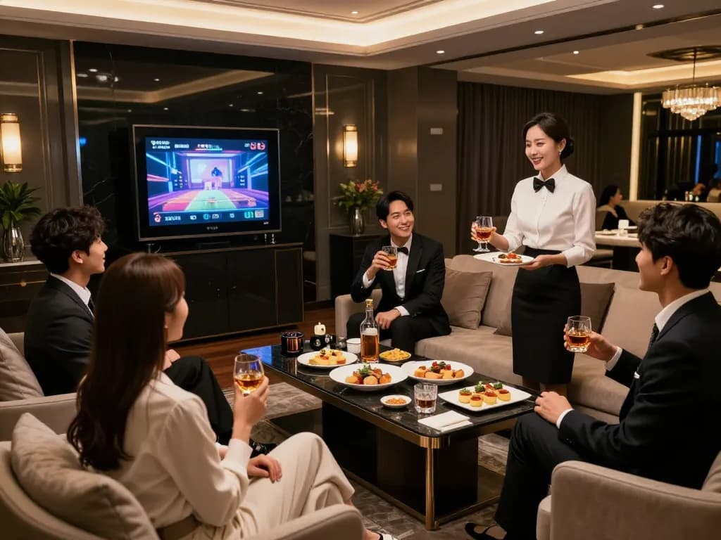 Guests experiencing the upscale atmosphere of 강남쩜오, enjoying premium drinks and entertainment in a luxurious private room.