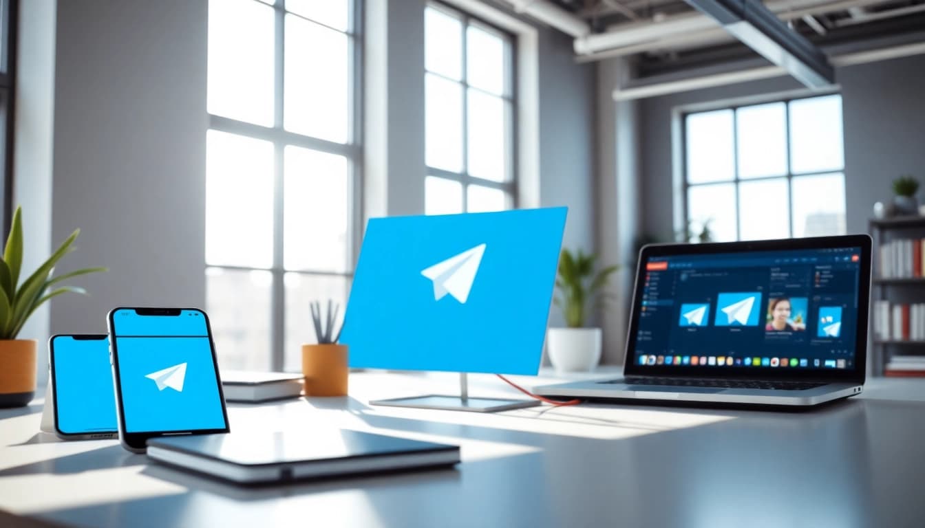 Modern workspace featuring Telegram中文版 interface on devices showcasing connectivity.