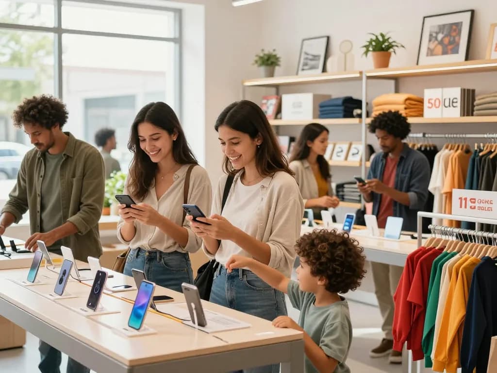 Shoppers at https://hubet88.icu/ engaging with products in a vibrant store, highlighting exclusive sales.