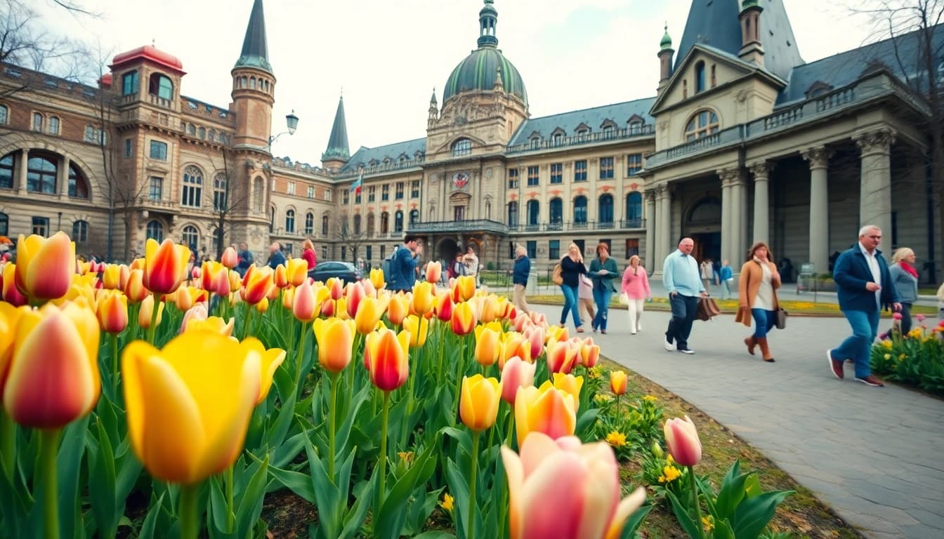 Discover the Magic of Ottawa with vibrant tulips and historic architecture in a lively spring scene.
