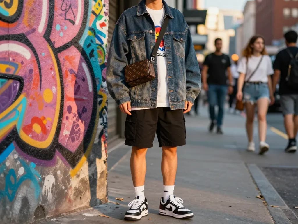 Stylish individual displaying trendy 레플리카 fashion products in an urban setting.
