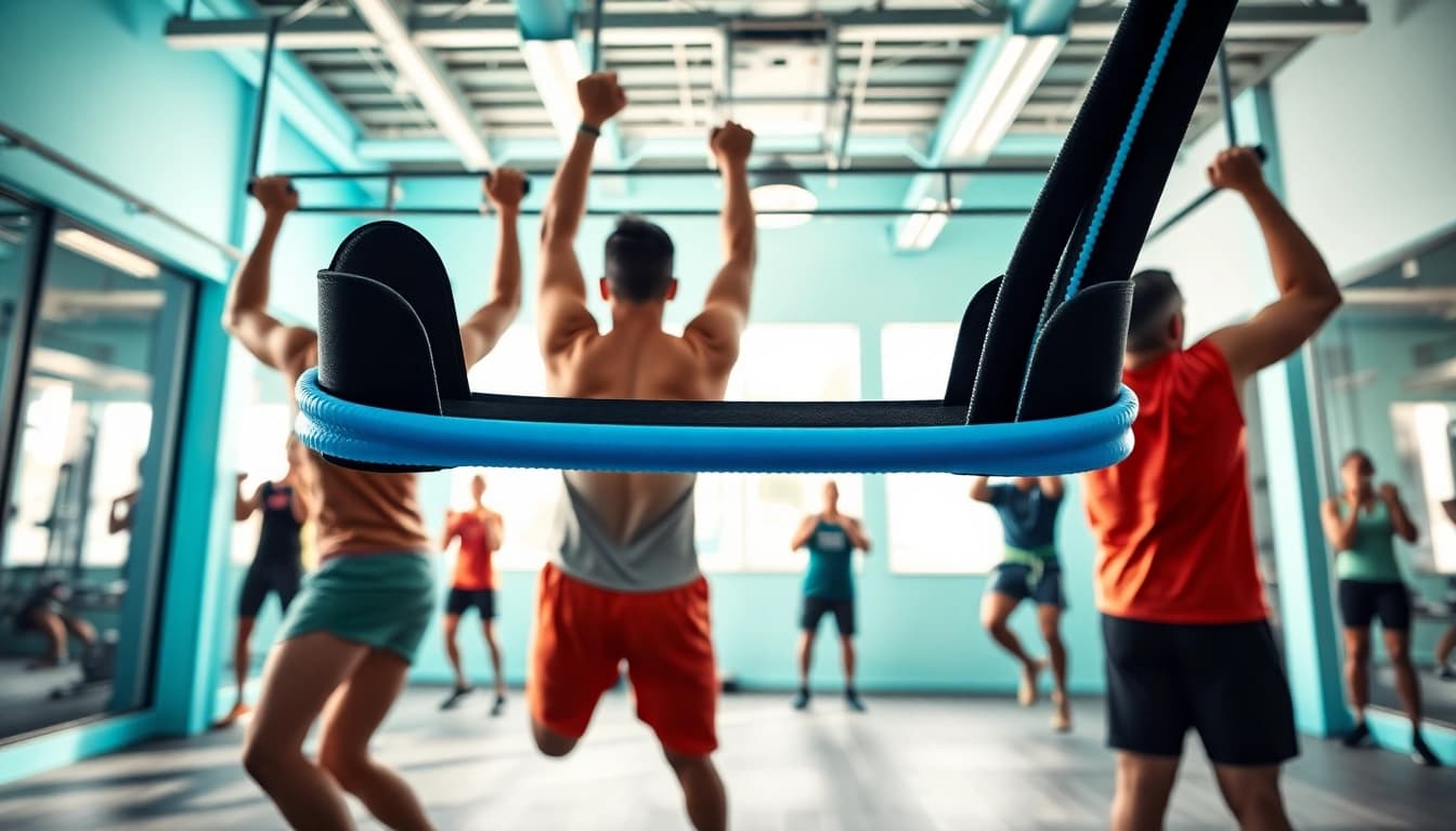 Group of diverse athletes using a pull-up assist band in a vibrant fitness studio.
