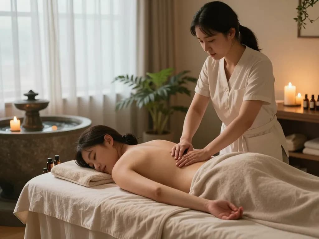 편안한 분위기와 숙련된 치료사가 있는 스파에서의 Relaxing 논현동마사지 장면.