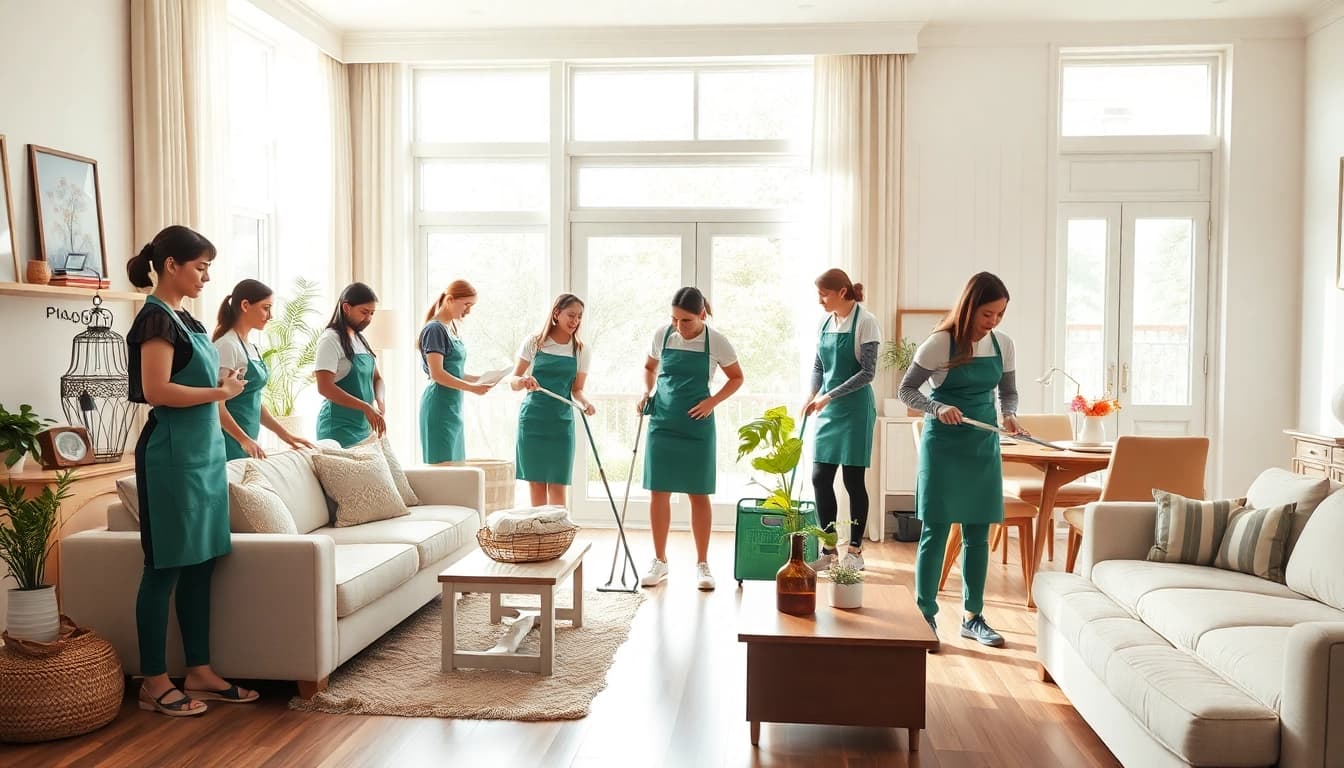 Dedicated team from maid agency providing exceptional cleaning services in a elegant home.