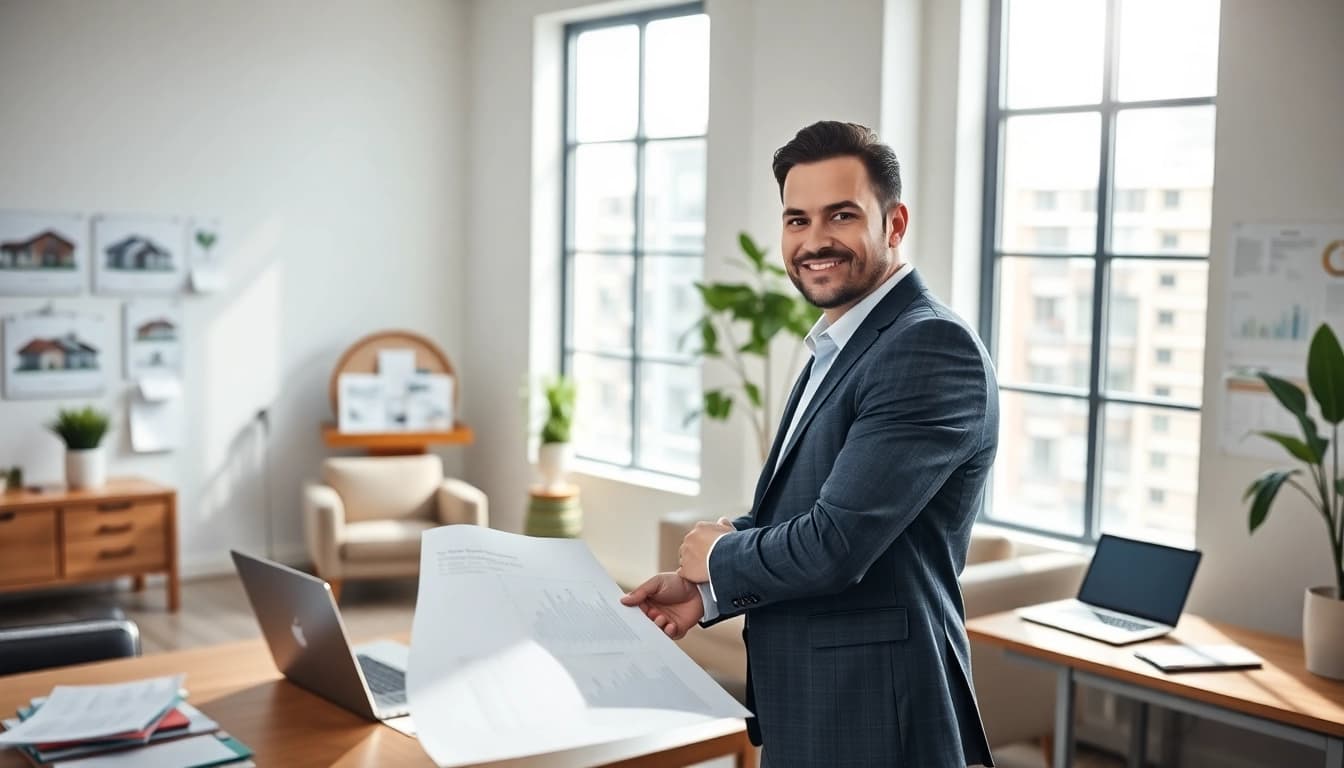 Real Estate agent discussing listings in a modern office filled with housing analysis tools.