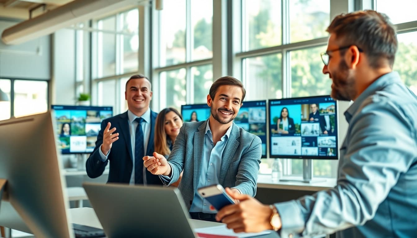 Real Estate agents collaborate in a bright, modern office setting, showcasing teamwork and professionalism.