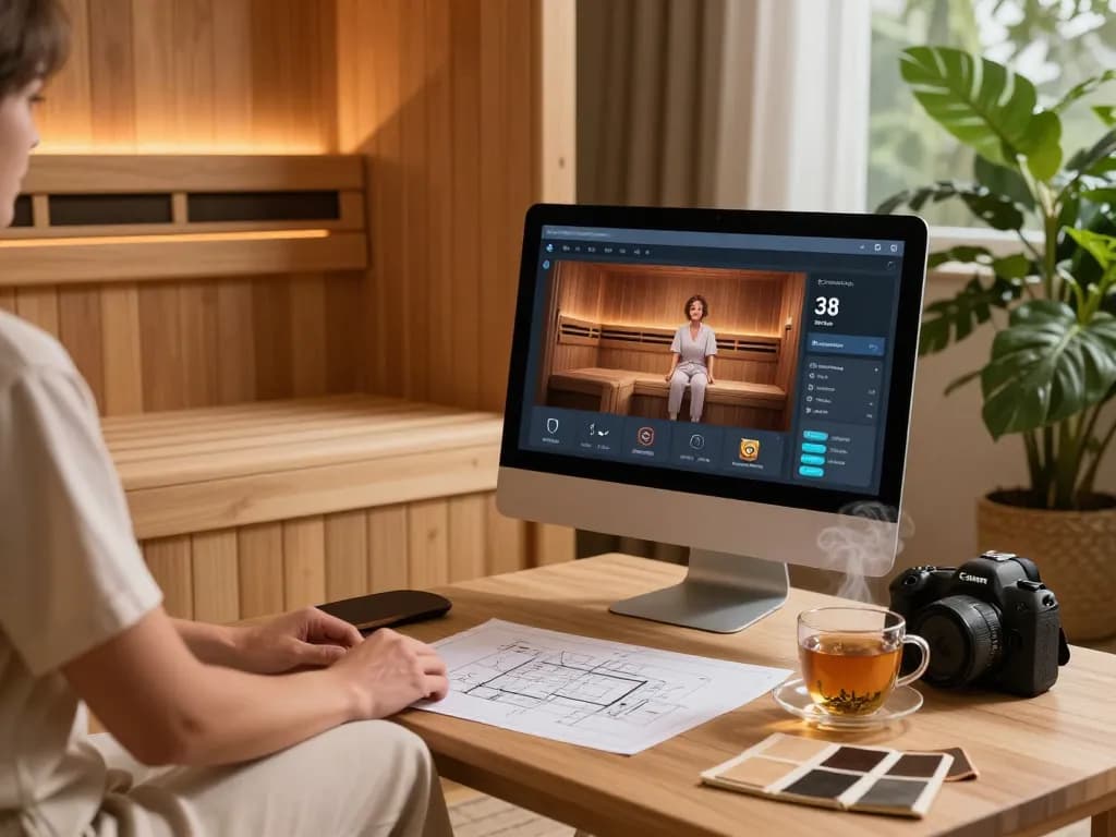 Engaging indoor sauna 3D configurator setup showcasing customization options in a stylish, relaxing environment.