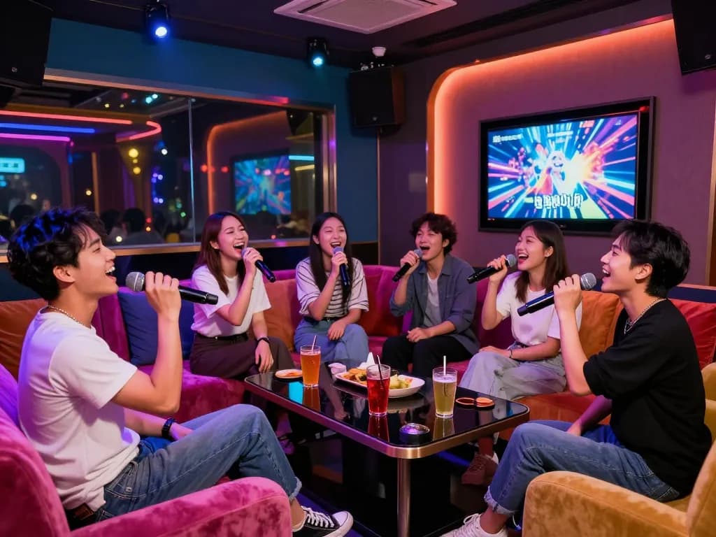 活気あるカラオケルームで友達とホーチミンのカラオケを楽しむ夜。