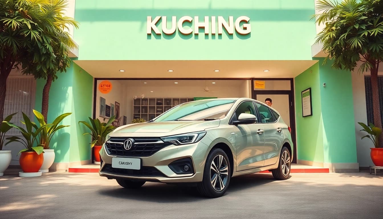 Kuching car hire: modern rental agency with clean vehicles, friendly staff, and lush surroundings.