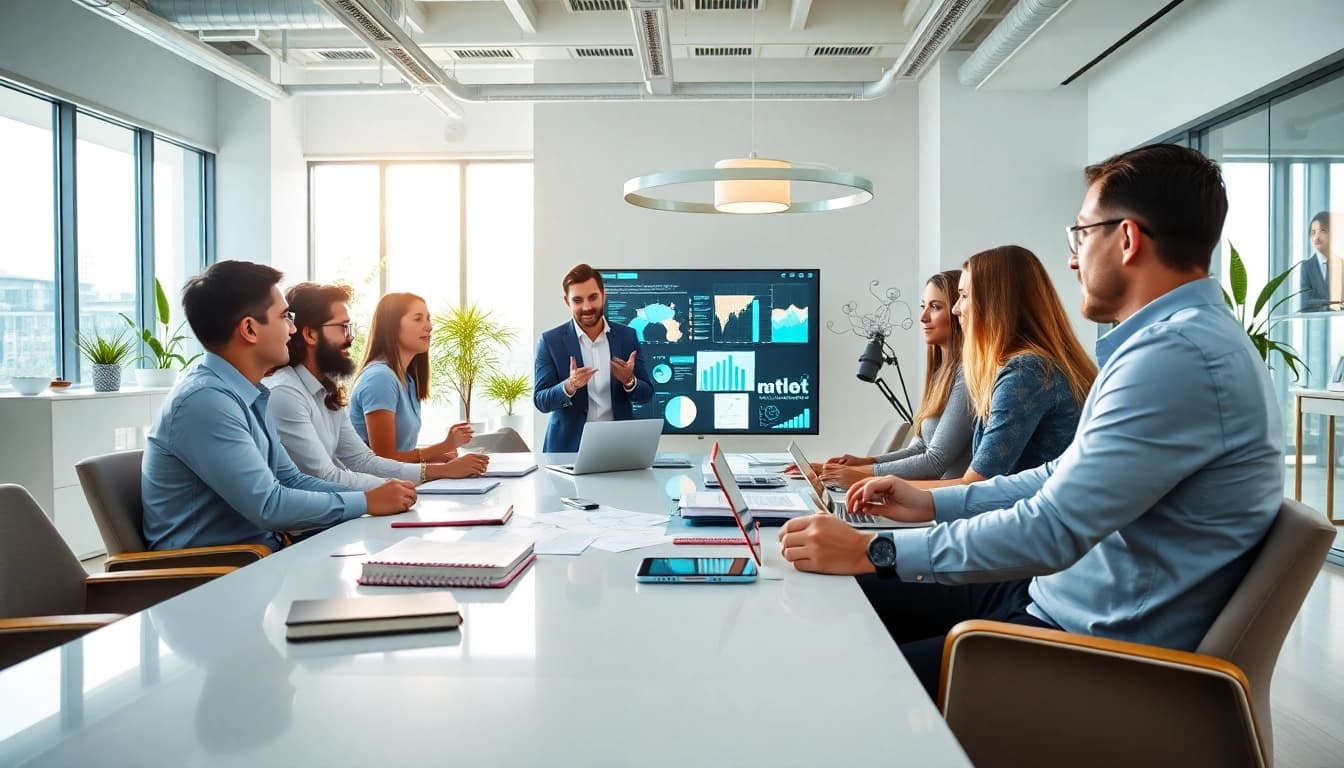Engaged team analyzing marketing strategies at https://solarxmedia.com in a modern office.
