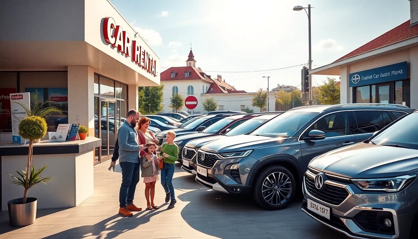 Inchiriere masini at a vibrant car rental agency in Chisinau, showcasing a variety of modern vehicles.