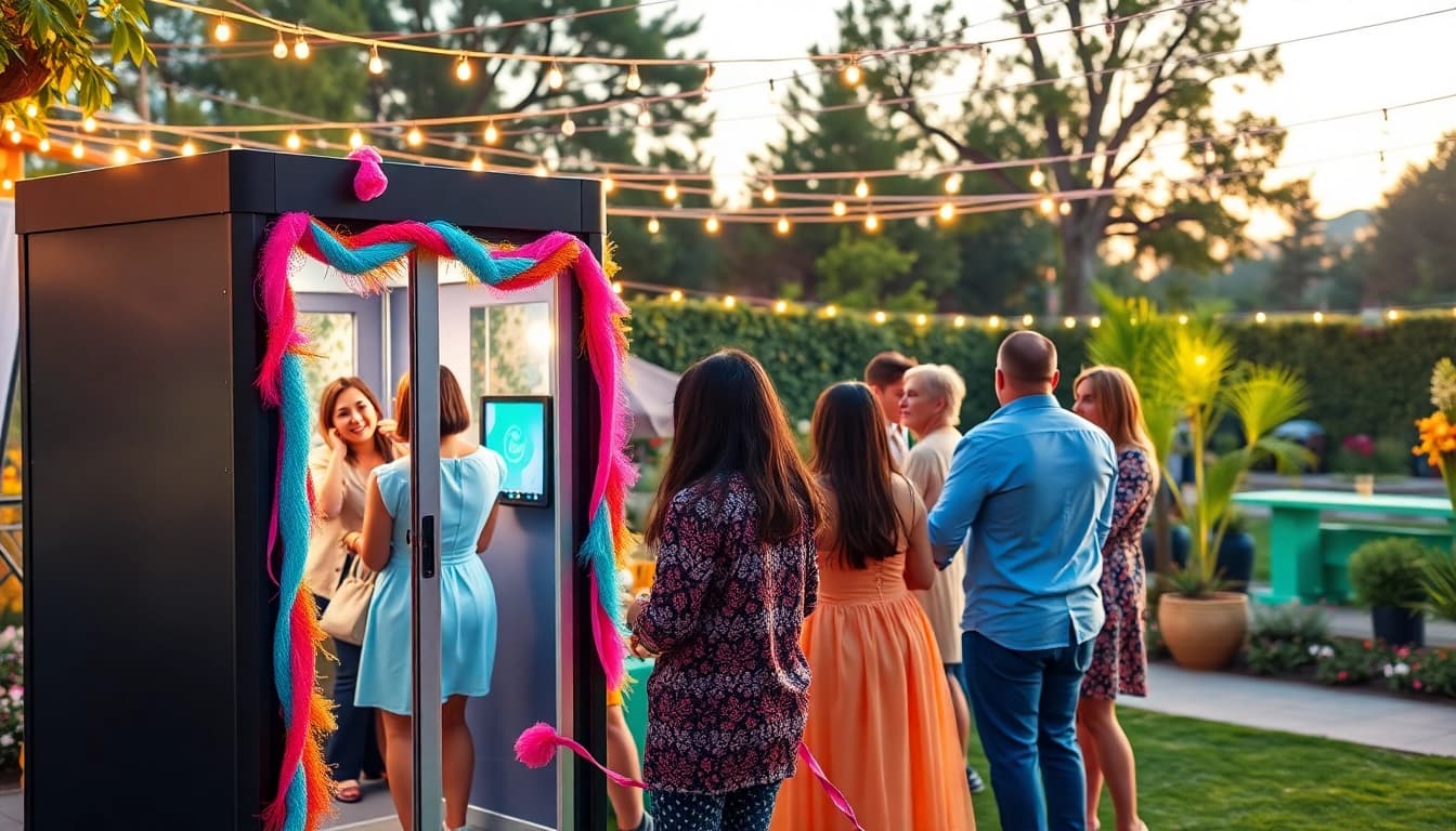 Rent a Photo Booth at an energetic outdoor event with guests enjoying photo moments.