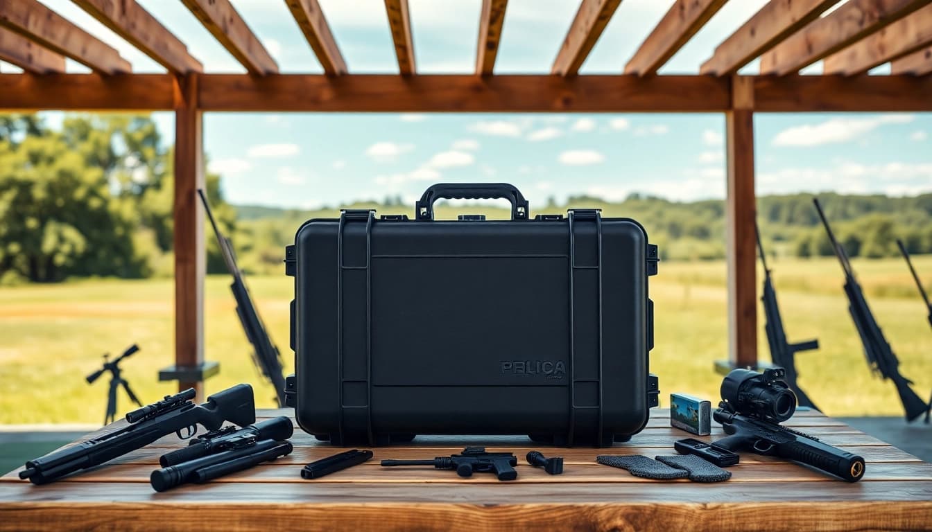 Showcasing a pelican rifle case on a shooting range table, emphasizing its robust design and outdoor readiness.