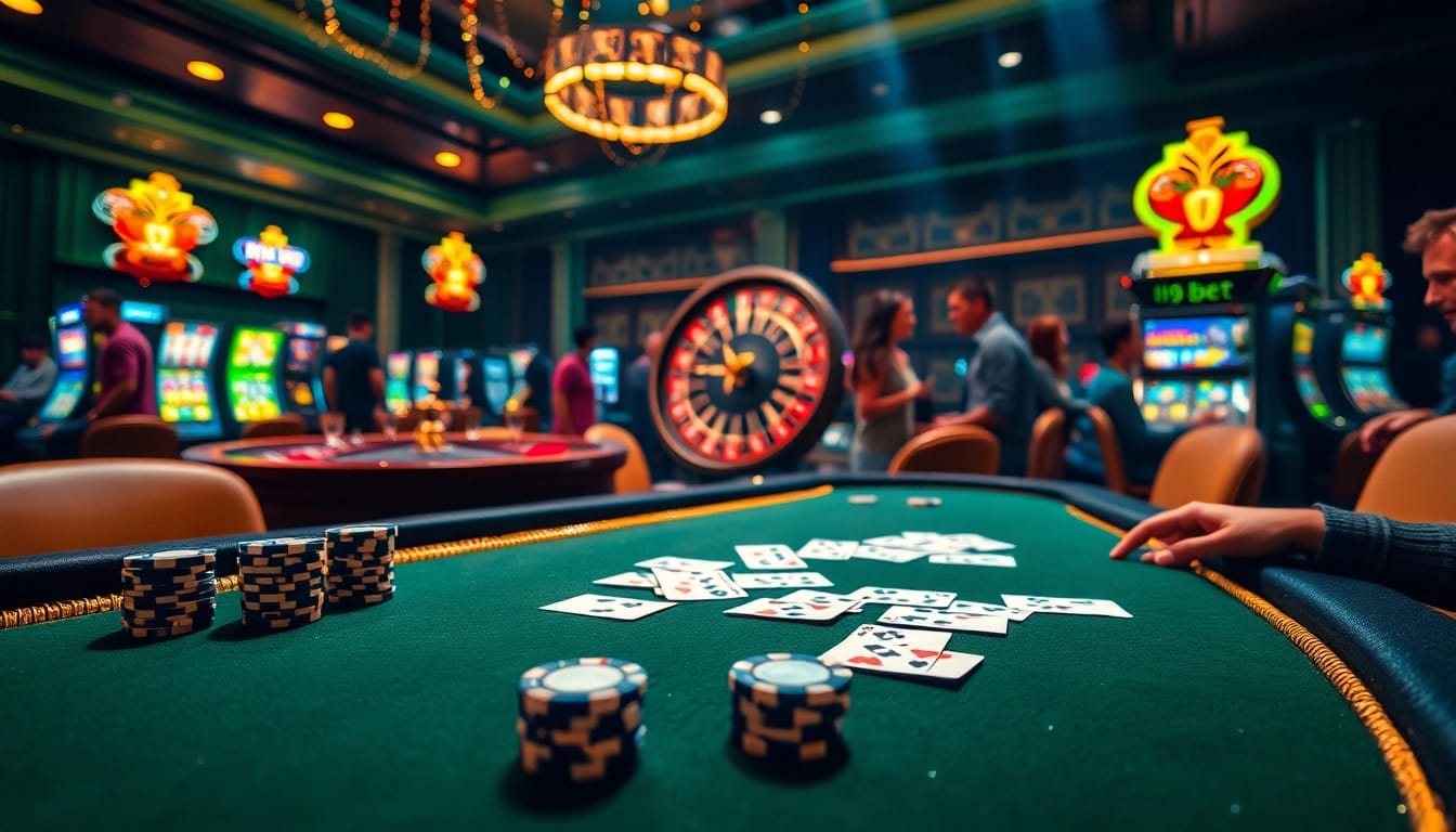 Engage in thrilling gameplay at i9bet with vibrant casino tables, poker chips, and roulette wheels.