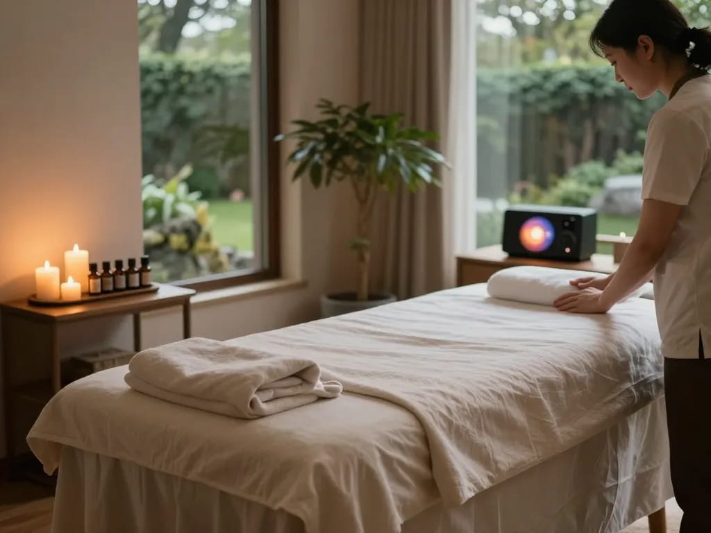 Relaxing 치평동마사지 therapy room with massage table and calming ambiance.