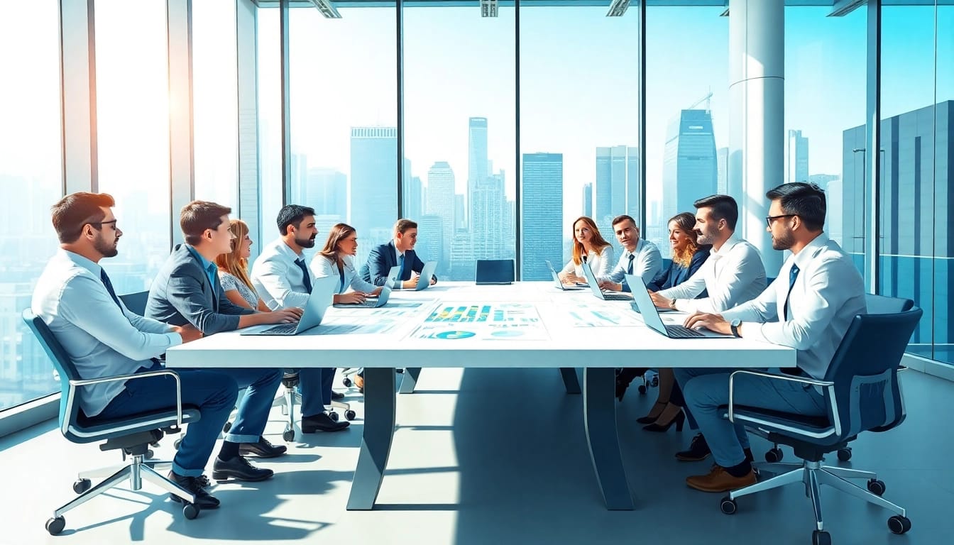 Engaged professionals discussing strategies in a business meeting environment.