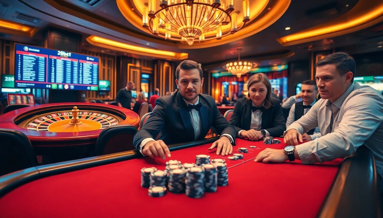 Engaged gamblers strategize their bets at 28bet's vibrant casino table, showcasing thrilling gameplay.