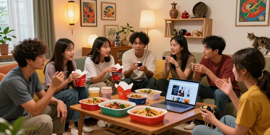 Friends discussing Asian culture while enjoying Asian dishes, inspired by https://hanadultalk.com, in a vibrant living room.
