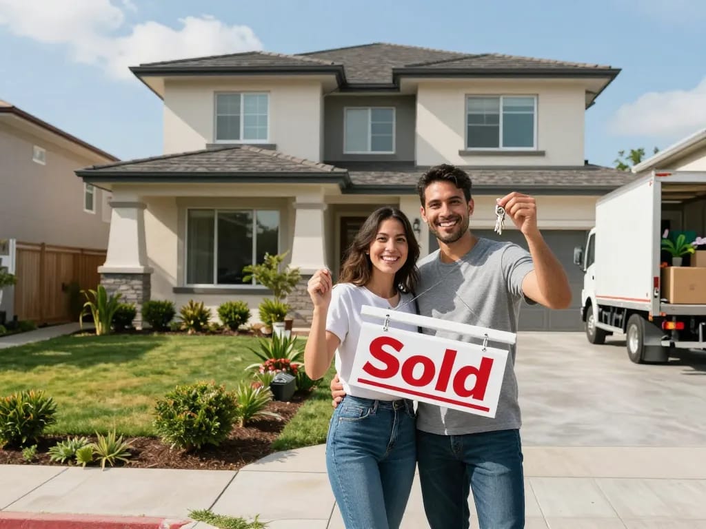 Joyful couple celebrating their quick house sale with keys in front of their new home.