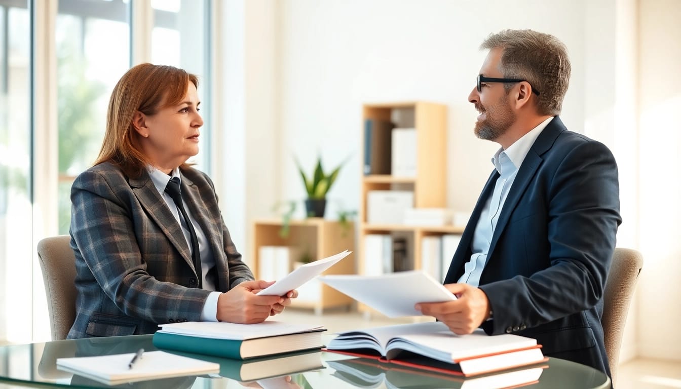 A lawyer reviewing TPD claims paperwork with a client, highlighting dedicated support and commitment.