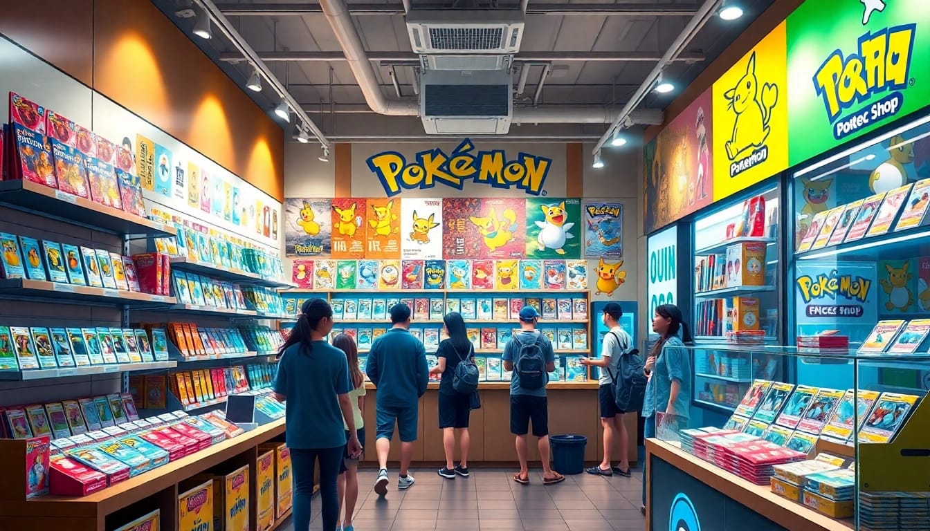 カラフルなパックと興奮したお客様が揃う活気あるポケモンカードショップで、おすすめのポケカ オリパを探る。
