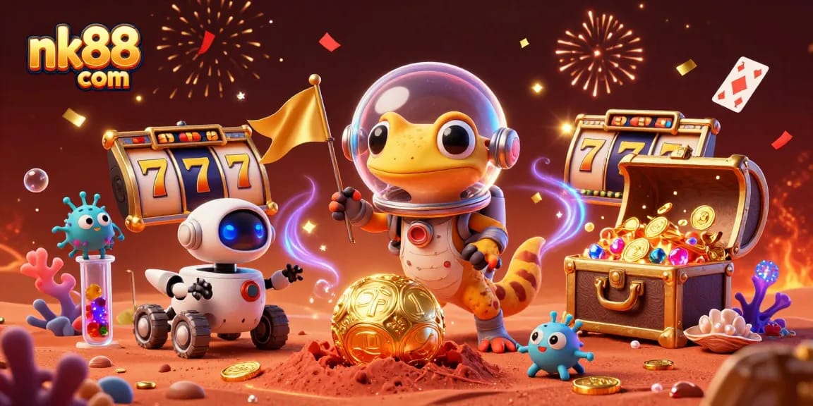 Win big at nk88 com with an adventurous Martian gecko discovering treasures in a vibrant casino!