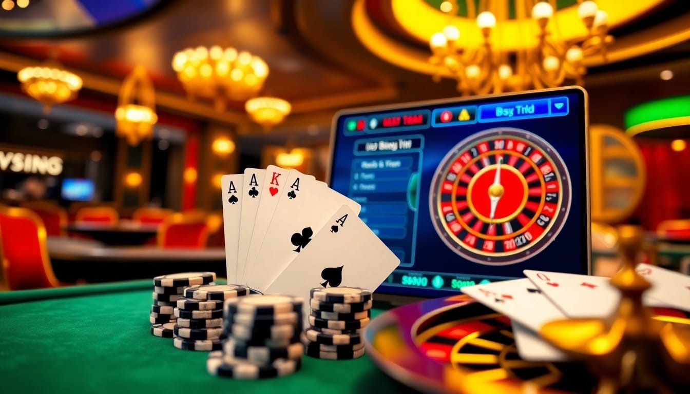 Experience the thrill of game bài đổi thưởng with vibrant poker tables and digital interfaces.