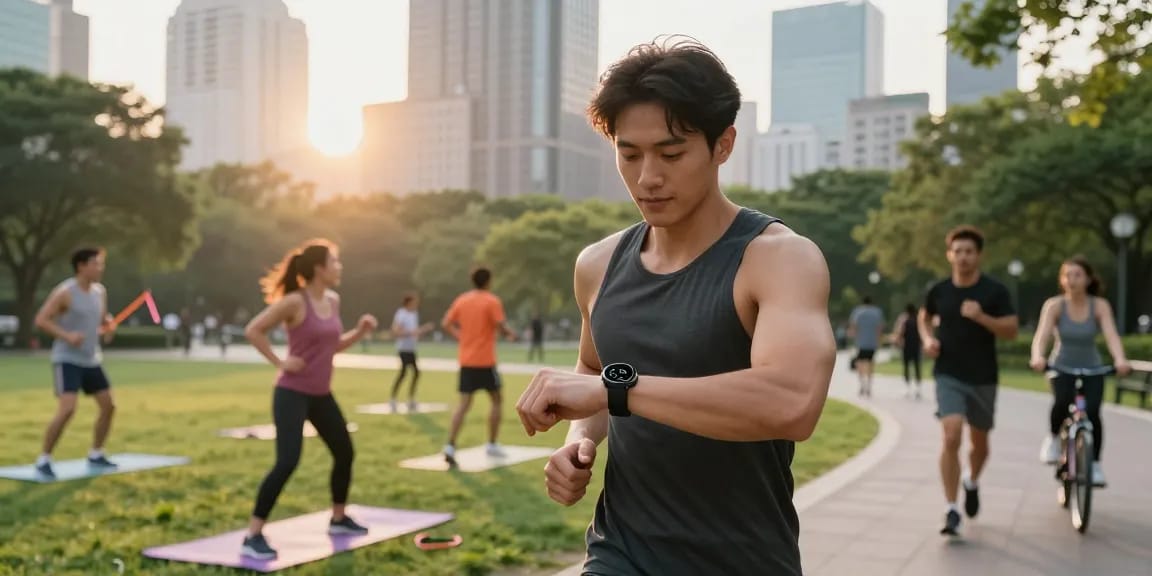 Pengguna smartwatch Fitbit Luxe dari https://www.polarfitbitshop.com/fitbit-luxe/ saat berolahraga di taman kota, menunjukkan gaya hidup sehat dan teknologi terbaru.