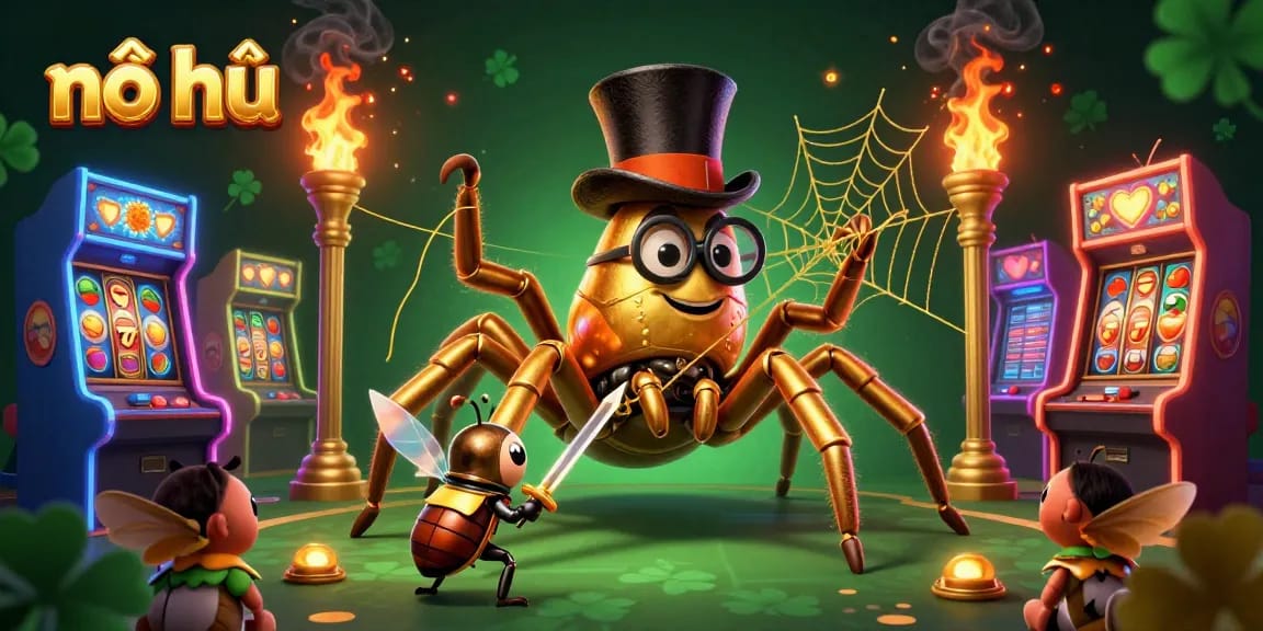 Spin the nổ hũ slots and join the quest with vibrant characters in a colorful casino setting.