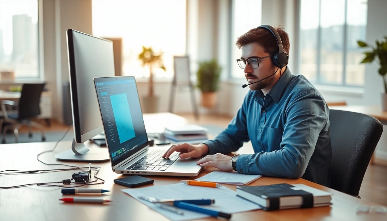 Delivering expert computer support and services with a focused technician working on a laptop.