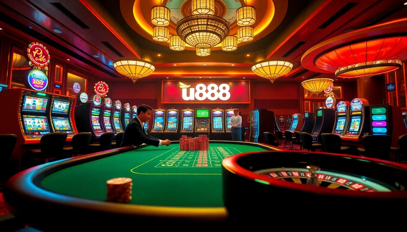 Play an exciting hand at U888's premium poker table in a glamorous casino setting.