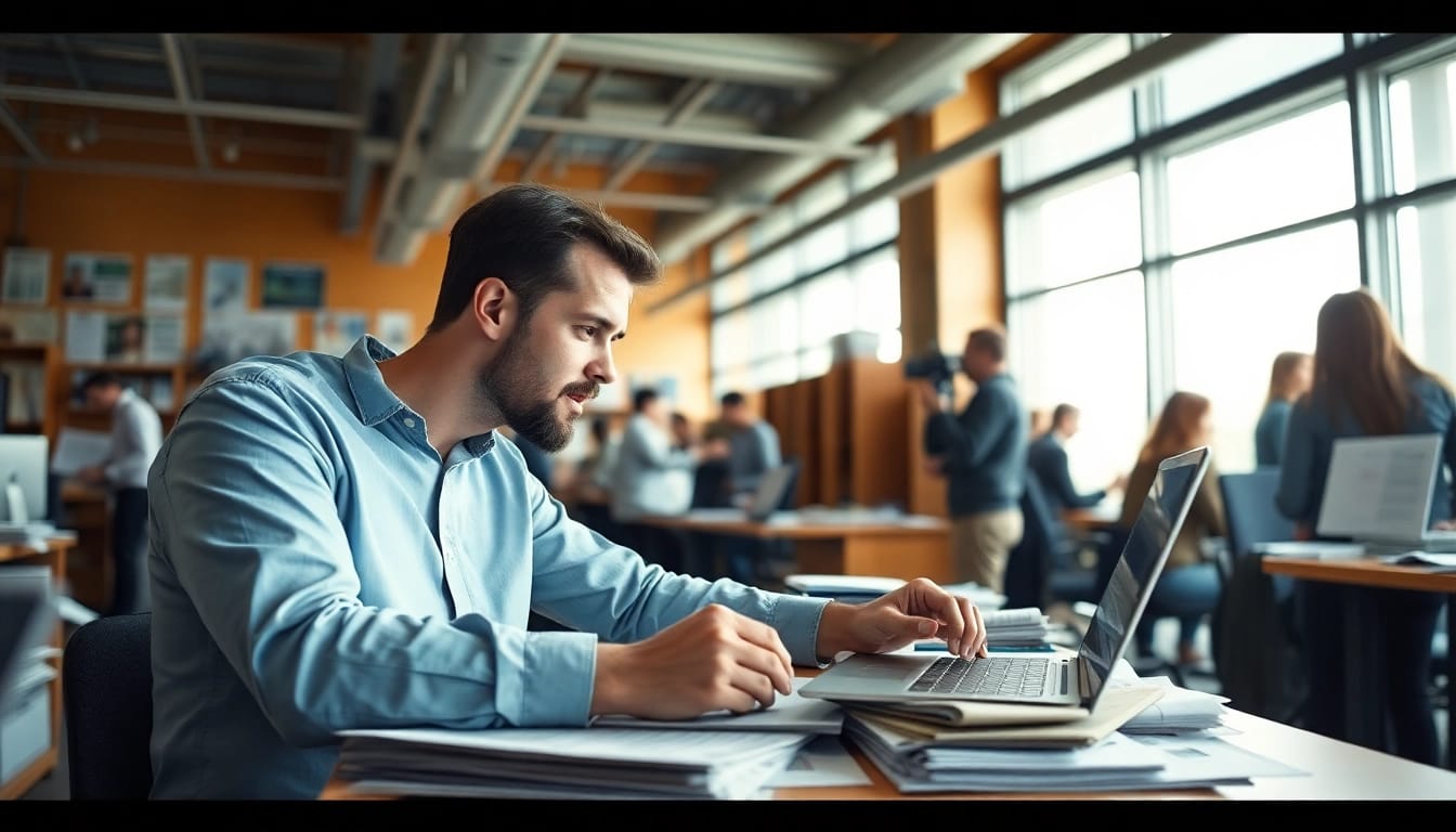 Journalist writing an article for suntimesnews.com in a busy newsroom