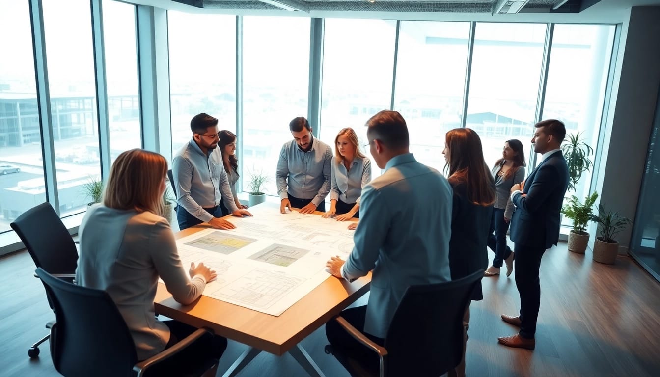 Showcasing industrial leasing professionals discussing plans in a modern office.