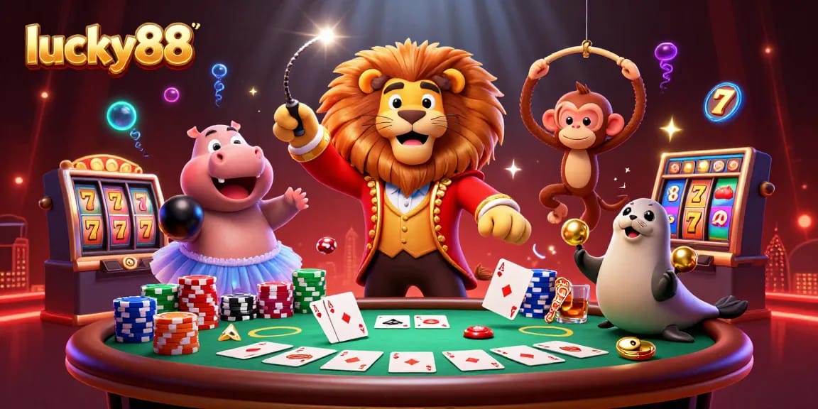 Experience the thrill of lucky88 with a vibrant casino scene featuring animated characters and dynamic slot elements.