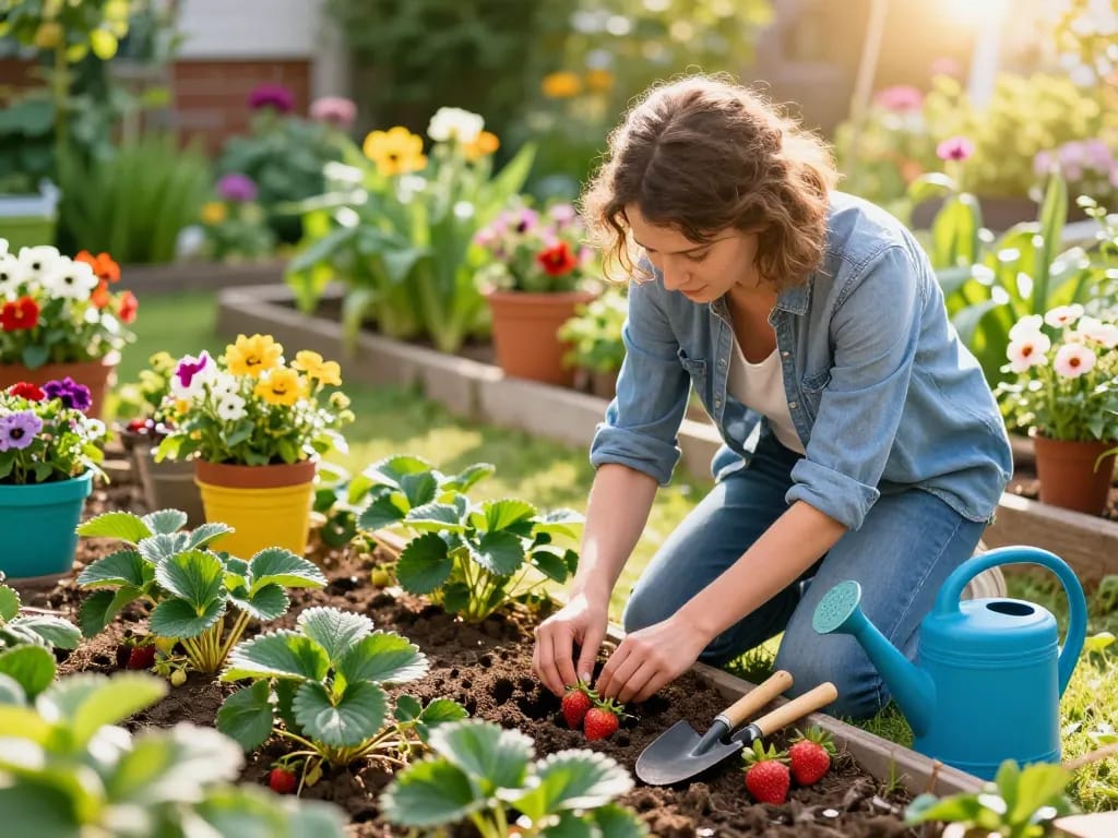 Aardbeienplanten kopen in a flourishing garden with vibrant strawberries and gardening tools.