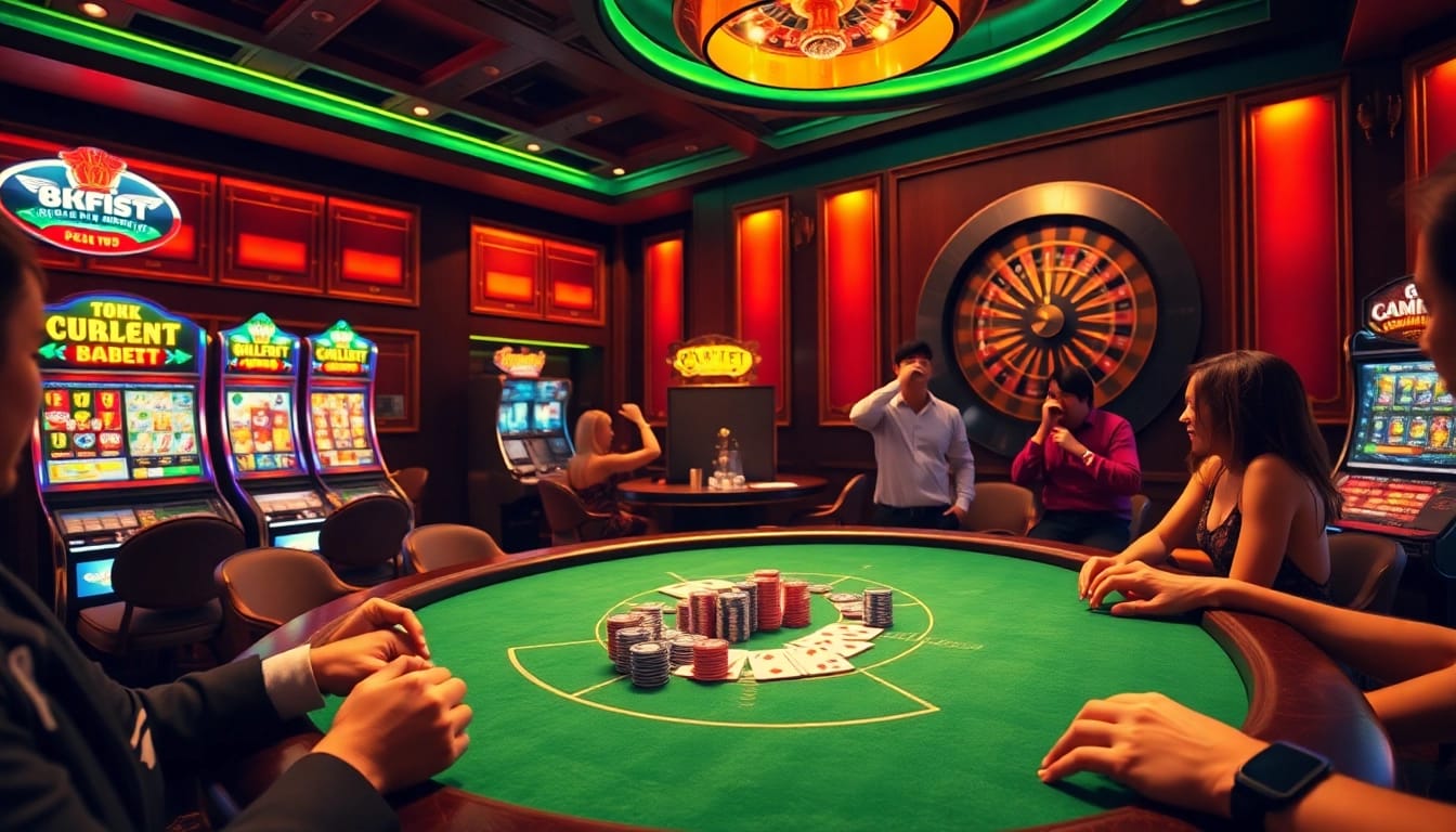 Experience the thrill of high-stakes gaming at 8kbet, where vibrant slot machines and a polished poker table create excitement.