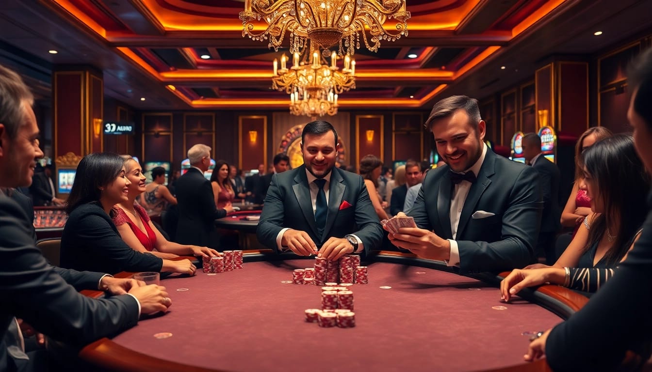 Exciting poker action at 33BD casino, with dealers, vibrant chips, and luxury ambiance.