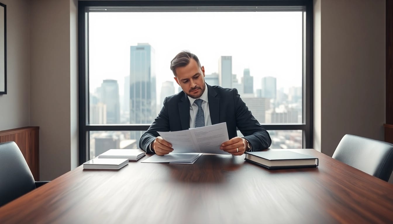 Engaging probate lawyer reviewing documents attentively in a bright office setting.